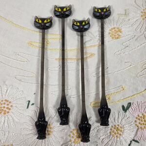Atomic Cat Swizzle Sticks Set of 4 Accoutrements 2003 Black Cat Drink Stirrers